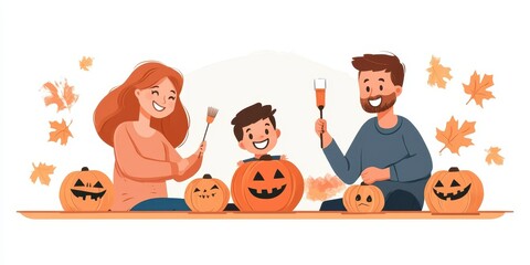A joyful family enjoying Halloween by carving pumpkins together, surrounded by autumn leaves and festive decorations.