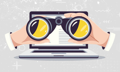 Illustration of hands holding binoculars in front of a laptop screen.