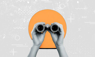 Hands holding binoculars against an orange circle and abstract grey background.