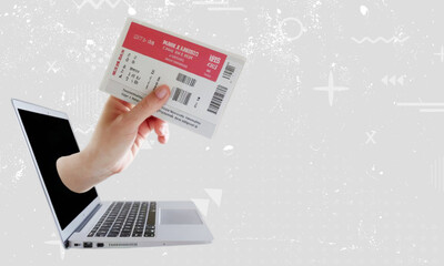 Hand emerging from a laptop screen holding an airplane ticket with travel-themed backdrop.