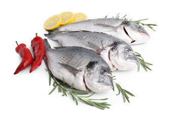 Sea food. Fresh raw dorado fish with spices isolated on white