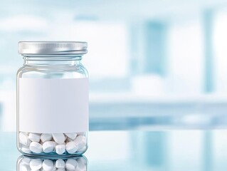 Minimalist plastic pill jar with blank label, standing on a reflective surface, shown in a clinical environment, Plastic Jar, Medical Packaging Display