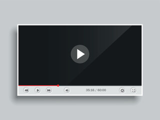 White flat video player for online viewing. Vector on a gray background.