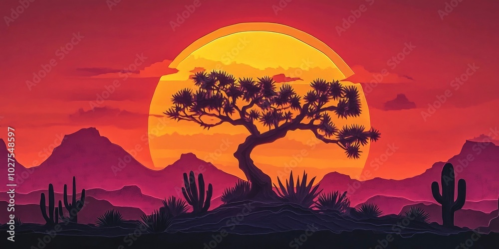 Wall mural Silhouette of a tree and cactus against a sunset backdrop, Silhouette of a tree and cactus at sunset