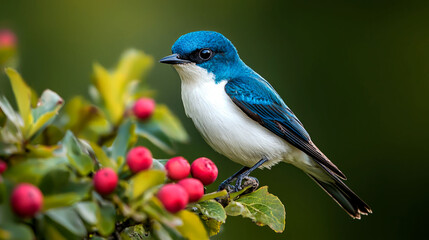 Obraz premium A vibrant blue and white bird on a berry-laden branch.