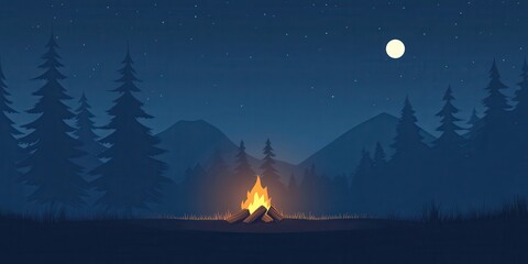 Fototapeta premium A serene night scene featuring a glowing campfire amidst tall trees and mountains under a starry sky and bright moon.