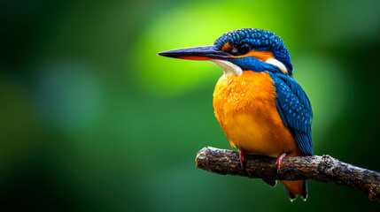 A vibrant kingfisher perched on a branch.