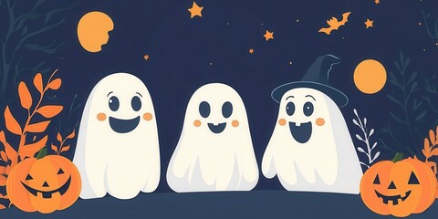 Obraz premium Cheerful cartoon ghosts celebrate Halloween with pumpkins and stars in a vibrant, fun illustration for festive occasions.