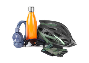 Naklejka premium Bicycle helmet, accessories, thermo bottle and headphones isolated on white