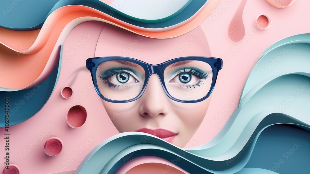 Poster eyeglasses are elegantly positioned in front of a colorful, abstract background featuring stylized e