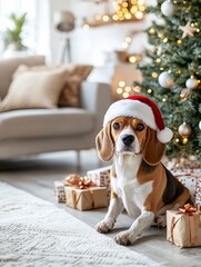 A beagle wearing a Santa hat sits beside a beautifully decorated Christmas tree and wrapped presents in a cozy living room