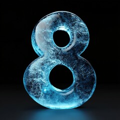 3D number 8 with blue frost texture realistic modern design, soft lighting, blac background