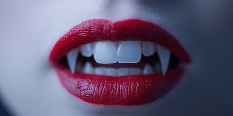 Obraz premium Close-up of a mouth with fanged teeth and bold red lipstick, perfect for Halloween or vampire-themed projects.
