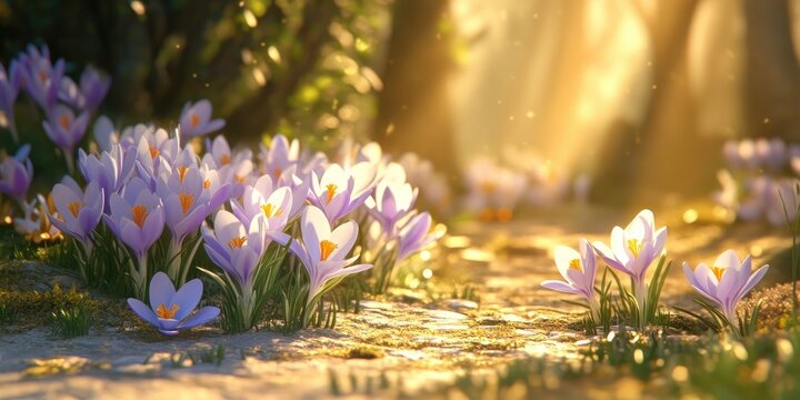 Sunny day with autumn crocus flowers blooming, Autumn crocus flowers in sunlight