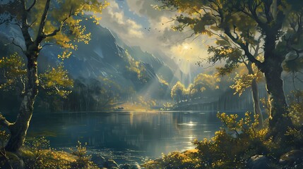 Obraz premium A tranquil lakeside scene with mountains, trees, and reflections in the water.