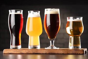 Glasses with different types of beer on wooden table in bar
