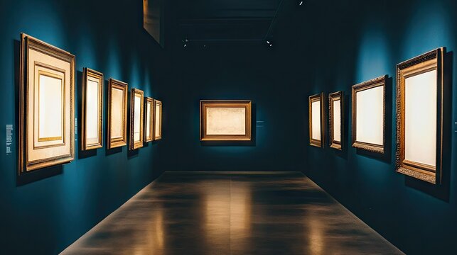 Art Gallery with Empty Frames on Blue Wall