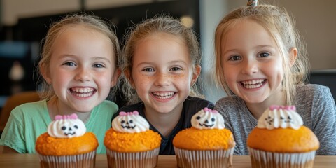 Fototapeta premium Three smiling girls enjoy colorful cupcakes, showcasing joy and friendship in a charming bakery setting.