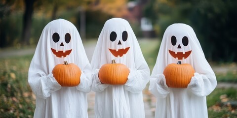 Obraz premium Three playful ghosts in costumes hold pumpkins, embodying the spirit of Halloween in a fun and festive outdoor setting.