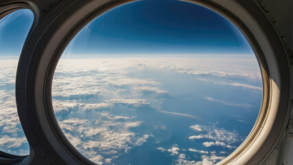 Naklejka premium Airplane portholes with sky and wing view