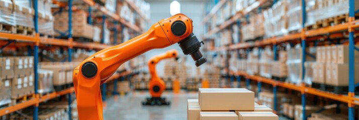 Automated robotic arms organizing boxes in a warehouse, showcasing modern technology and efficiency in logistics and storage solutions.