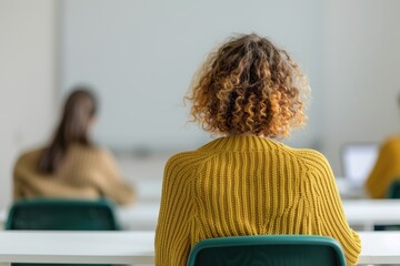 Fototapeta premium Back view of a student with curly hair in a yellow sweater sitting in a classroom, focusing on the lecture. Educational setting.
