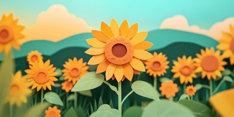 Obraz premium Sunflower field with a selective focus on an individual sunflower, Sunflower field with focus on single flower