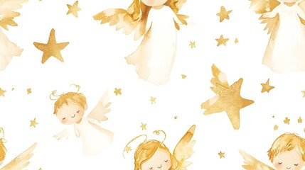 Obraz premium Delicate and Ethereal Watercolor Christmas Angels with Soft Gold Accents Floating on a Clean White Background Seamless Repeat Pattern for Festive and Spiritual Designs