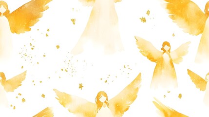 Naklejka premium Minimalist Watercolor Christmas Angels with Soft Light Gold Accents Floating on a Serene White Background Seamless Repeat Design for Festive Decor and