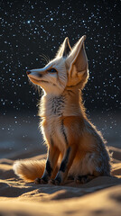 A Fennec fox sits in the desert under a starry sky, gazing upwards.