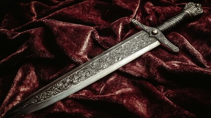 a broadsword with intricate engravings resting on a velvet cloth, emphasizing its elegance and significance