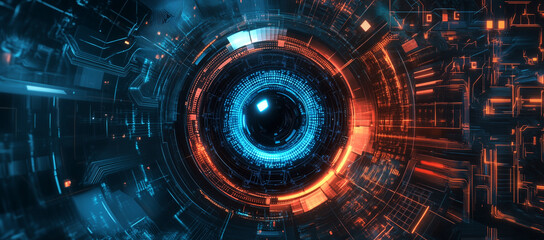Obraz premium 3D render of a circular futuristic tech portal, in the style of cyberpunk, with a dark blue