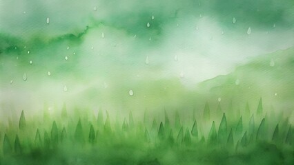 Refreshing green landscape with rain droplets and soft clouds, calming watercolor design