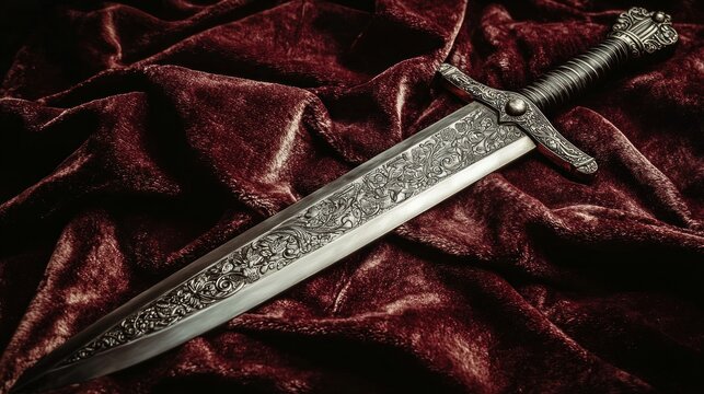 a broadsword with intricate engravings resting on a velvet cloth, emphasizing its elegance and significance