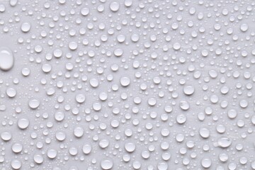 Water drops on light gray background, top view