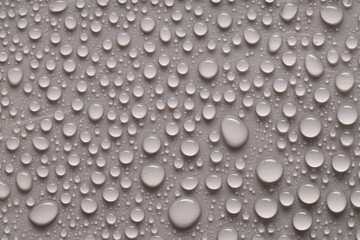 Water drops on gray background, top view