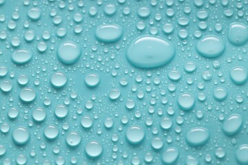 Water drops on turquoise background, above view