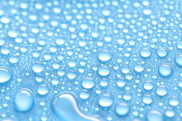 Water drops on light blue background, closeup view