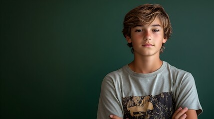 Portrait of a confident and stylish teenage boy wearing a trendy graphic t shirt posing in a studio setting against a plain forest green background  The image conveys a modern fresh and dynamic mood