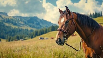 Fototapeta premium a horse wearing a bridle, set against a picturesque landscape, illustrating the harmony between nature and equestrian activities