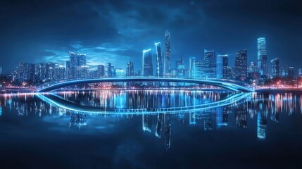 a city skyline with a modern bridge illuminated at night, showcasing urban development and innovation