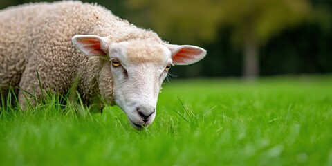 Fototapeta premium A single sheep grazes peacefully on lush green grass in a vast pastoral field, embodying tranquility and simplicity in a traditional rural setting.