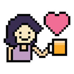 Obraz premium Cute pixel cartoon 8bit character woman drink beer alcohol party hangout lifestyle decoration life style 8 bit female girl drinking beer isolated png vector.