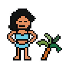 Obraz premium Cute pixel cartoon two piece character woman bikini swimming suit game summer beach vacation for decoration lifestyle female bikini cartoon 8 bit holiday relax pixel art png vector.