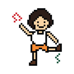 Obraz premium Cute cartoon pixel character cute man exercises training dance lifestyle music decoration life style 8 bit male boy dance with music game fitness isolated PNG vector.