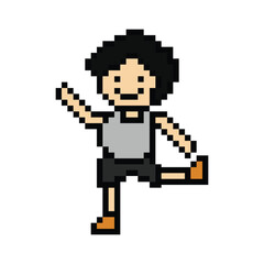 Cute cartoon pixel character cute man exercises training dance lifestyle music decoration life style 8 bit male boy dance with music game fitness isolated PNG vector.