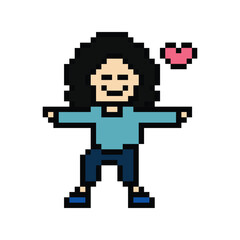 Cute cartoon pixel character cute woman exercises training dance lifestyle music decoration life style 8 bit female girl dance with music game fitness isolated PNG vector.