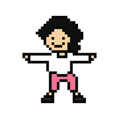 Cute cartoon pixel character cute woman exercises training dance lifestyle music decoration life style 8 bit female girl dance with music game fitness isolated PNG vector.
