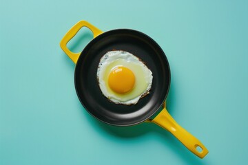 frying egg, kitchen, breakfast, cooking, food styling, healthy food, yellow egg yolk on a black pan on a bright blue background