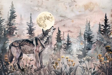 Wolf howling at the moon in a dense forest with pine trees and wildflowers,  watercolor illustration, created by ai